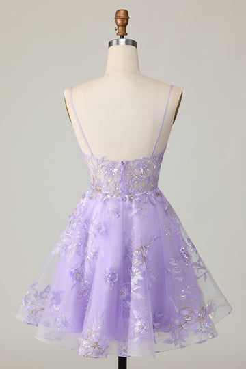 Sparkly Purple A Line Tulle Short Cocktail Dress with Appliques